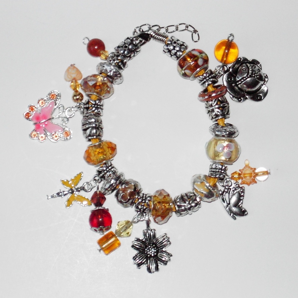 Yellow Lampwork, leather bracelet 7.5"+ (#302)